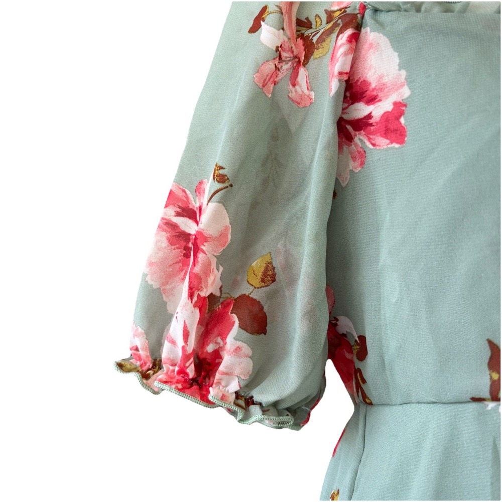 Dream of Me Flowy Romantic Maxi Dress Women's M Cottage Green with Pink Roses - Picture 4 of 8